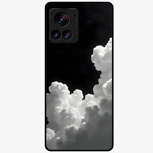 Black Background With White Cloud Glass Case showing flat back view with minimal cloud artwork on dark background and glossy glass finish.