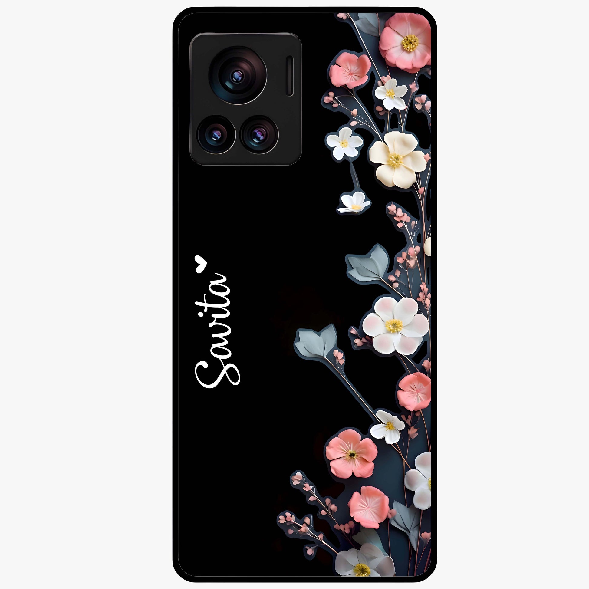 Black Elegance Floral Custom Name Glass Case showing flat back view with elegant floral artwork and personalized name design.