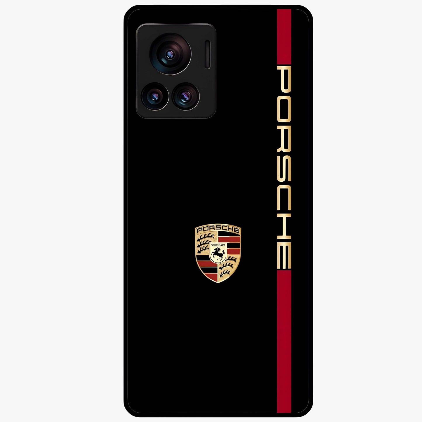 Black Minimal Porsche Glass Case showing flat back view with sleek minimal sports car artwork and glossy glass finish.