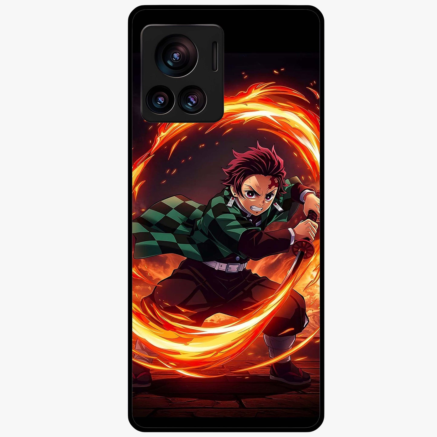 Blazing Sword Resolve Glass Case showing flat back view with fiery sword artwork and glossy glass finish.