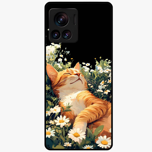 Blissful Bloom Cat Glass Case showing flat back view with cute cat and floral bloom artwork and glossy glass finish.