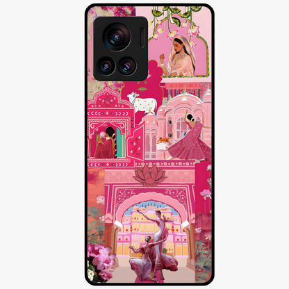 Blossoms of Rajasthan Glass Case showing flat back view with traditional floral artwork inspired by Rajasthan and glossy glass finish.