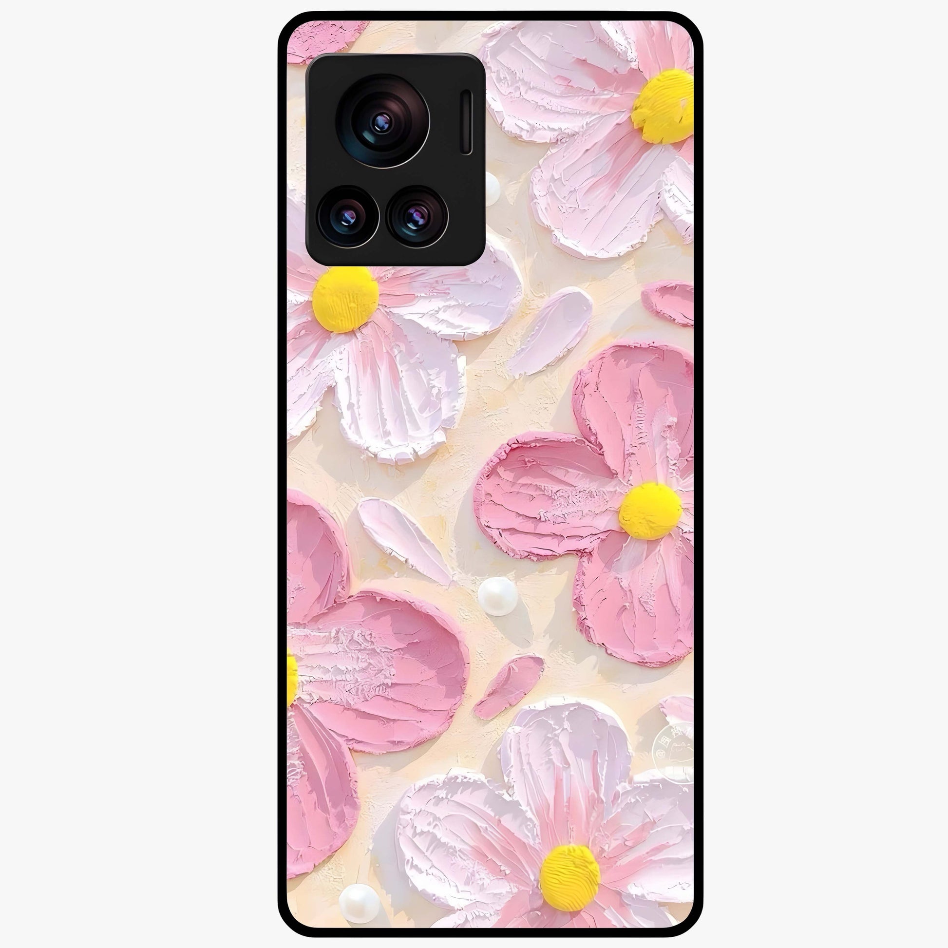 Blush Bloom Texture Glass Case showing flat back view with soft blush floral texture artwork and glossy glass finish.