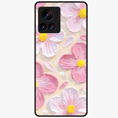 Blush Bloom Texture Glass Case showing flat back view with soft blush floral texture artwork and glossy glass finish.