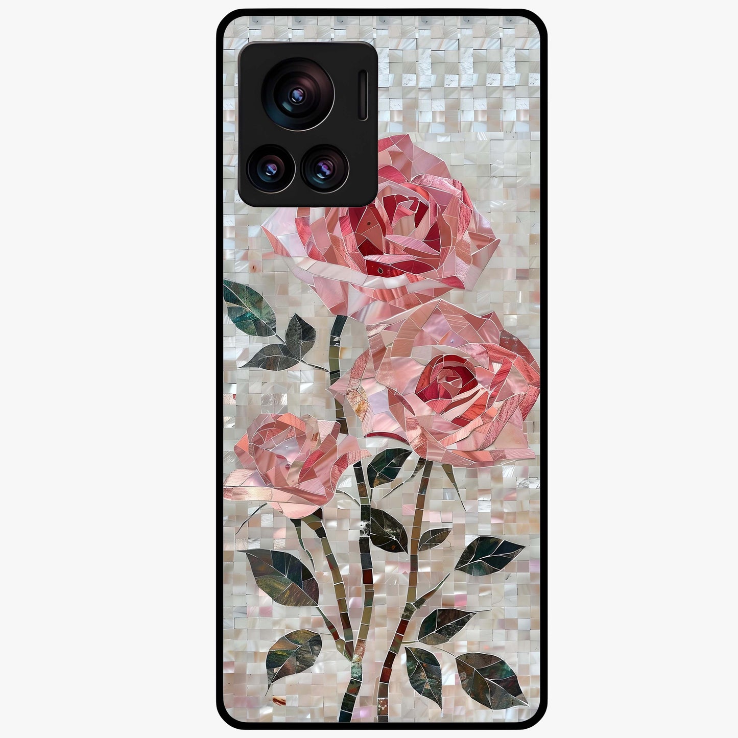 Blush Mosaic Bloom Glass Case showing flat back view with mosaic floral bloom artwork and glossy glass finish.