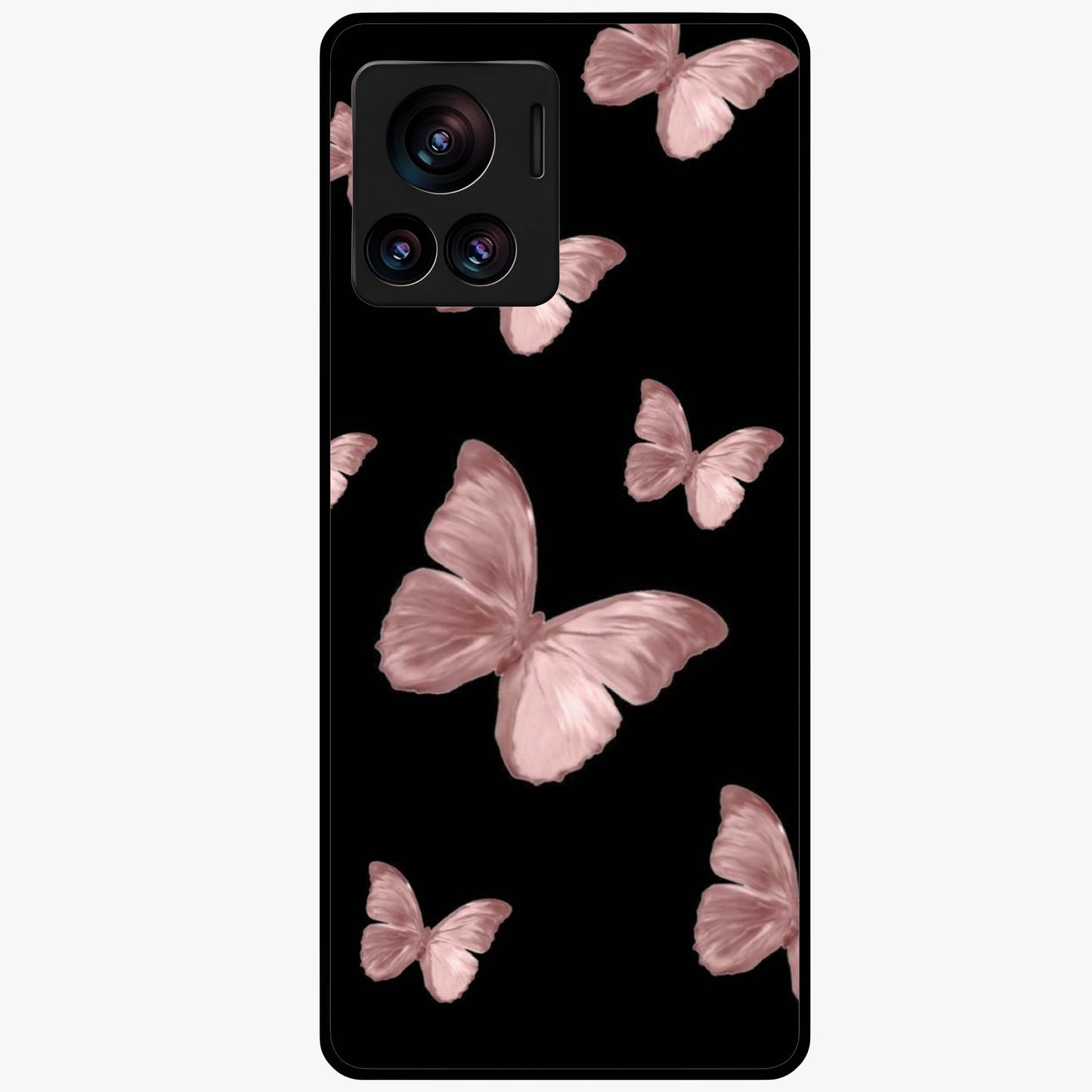 Butterfly Pattern Glass Case showing flat back view with elegant butterfly pattern artwork and glossy glass finish.