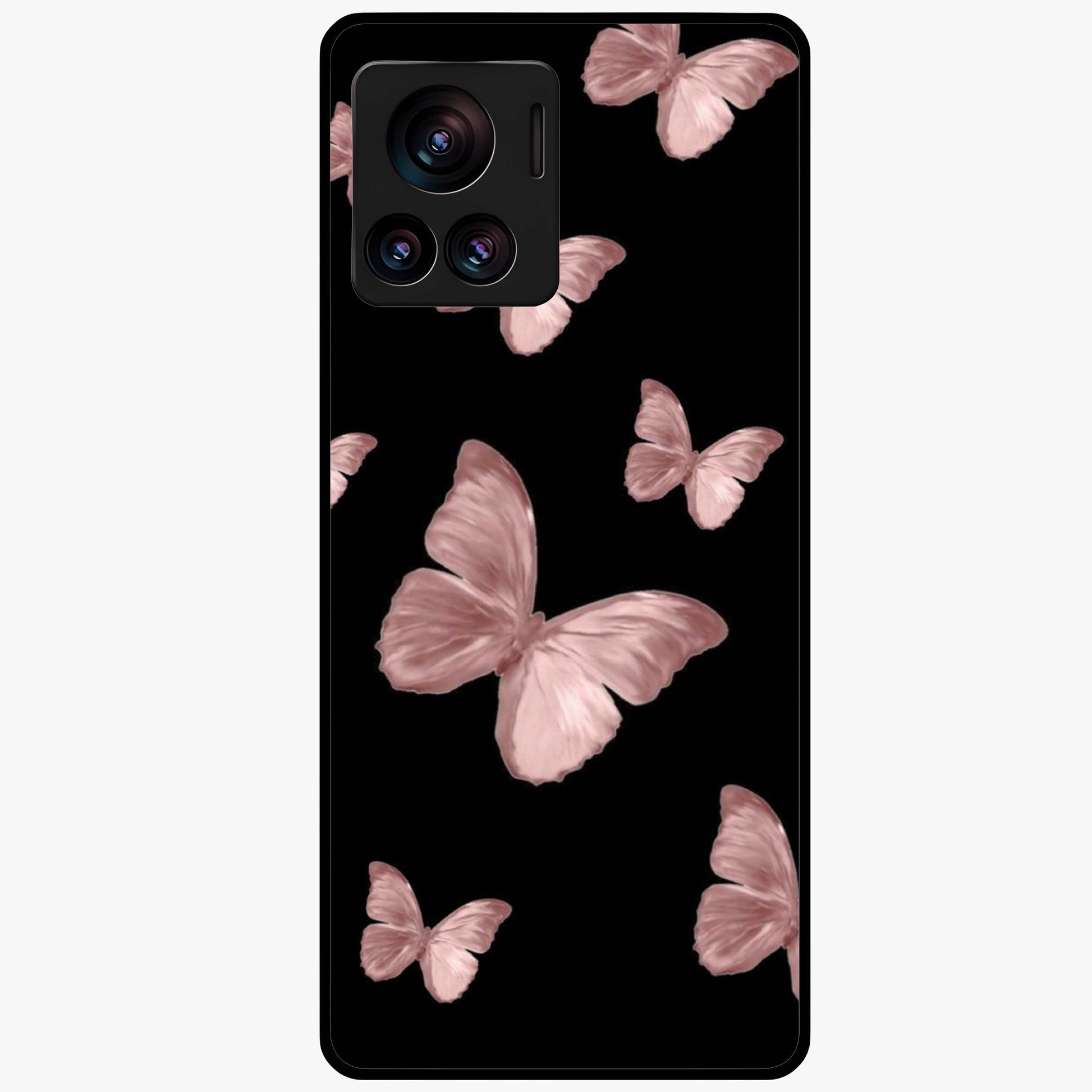 Butterfly Pattern Glass Case showing flat back view with elegant butterfly pattern artwork and glossy glass finish.