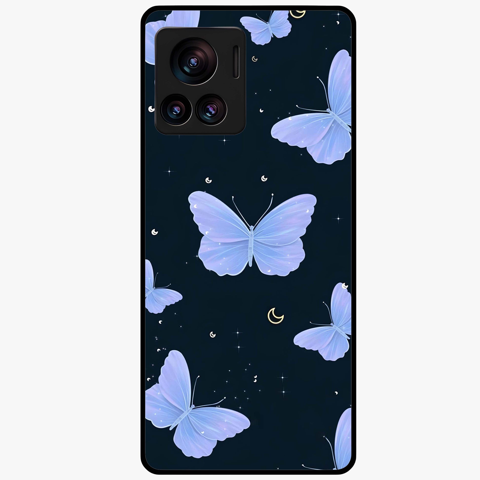 Butterfly With Stars Pattern Glass Case showing flat back view with butterfly and star pattern artwork and glossy glass finish.
