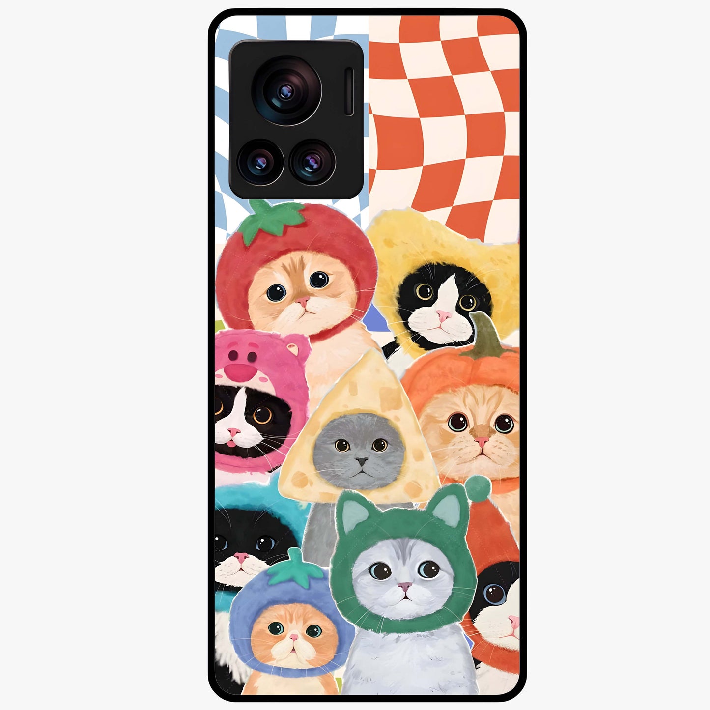 Cats in Fruits Glass Case showing flat back view with playful cat illustrations inside fruit artwork and glossy glass finish.