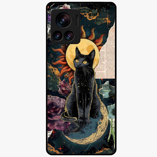 Celestial Black Cat Glass Case showing flat back view with mystical black cat artwork and glossy glass finish.