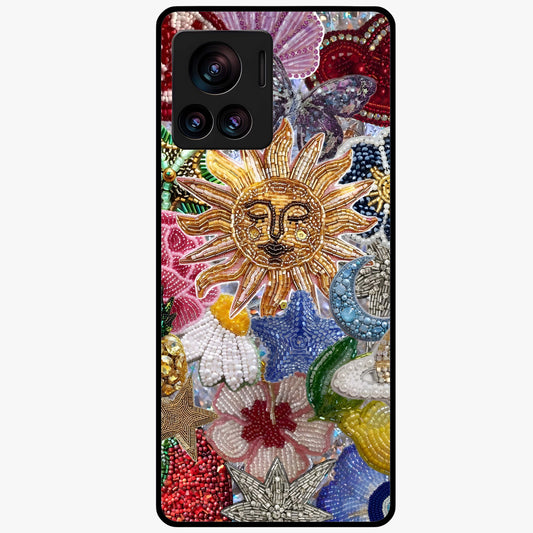 Celestial Floral and Playful Glass Case showing flat back view with floral and celestial themed artwork and glossy glass finish.
