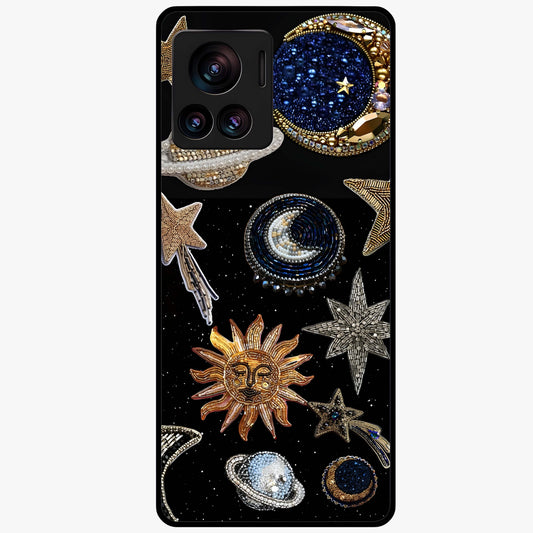Celestial Gem Constellations Glass Case showing flat back view with sparkling constellation artwork and glossy glass finish.