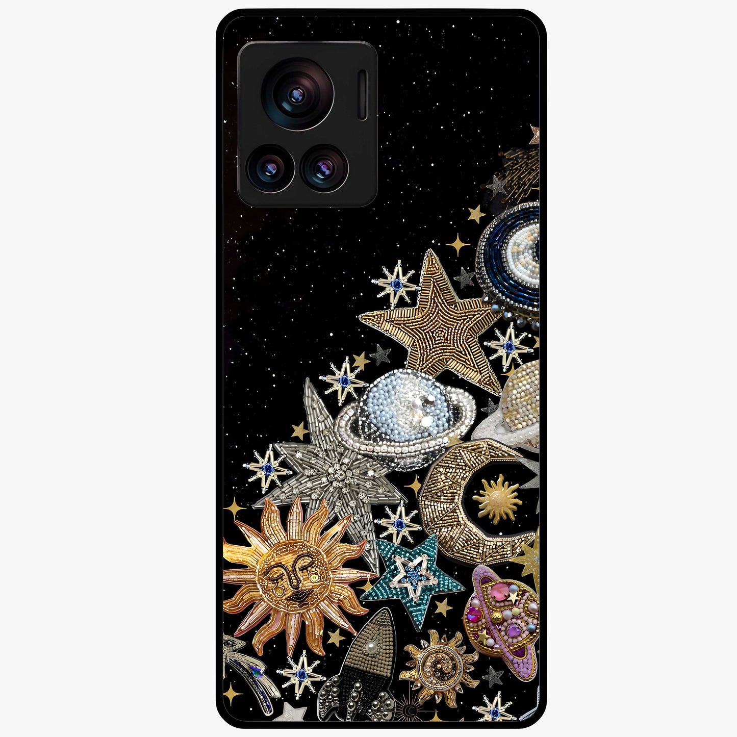 Cosmic Sparkle Dreams Glass Case showing flat back view with sparkling cosmic artwork and glossy glass finish.