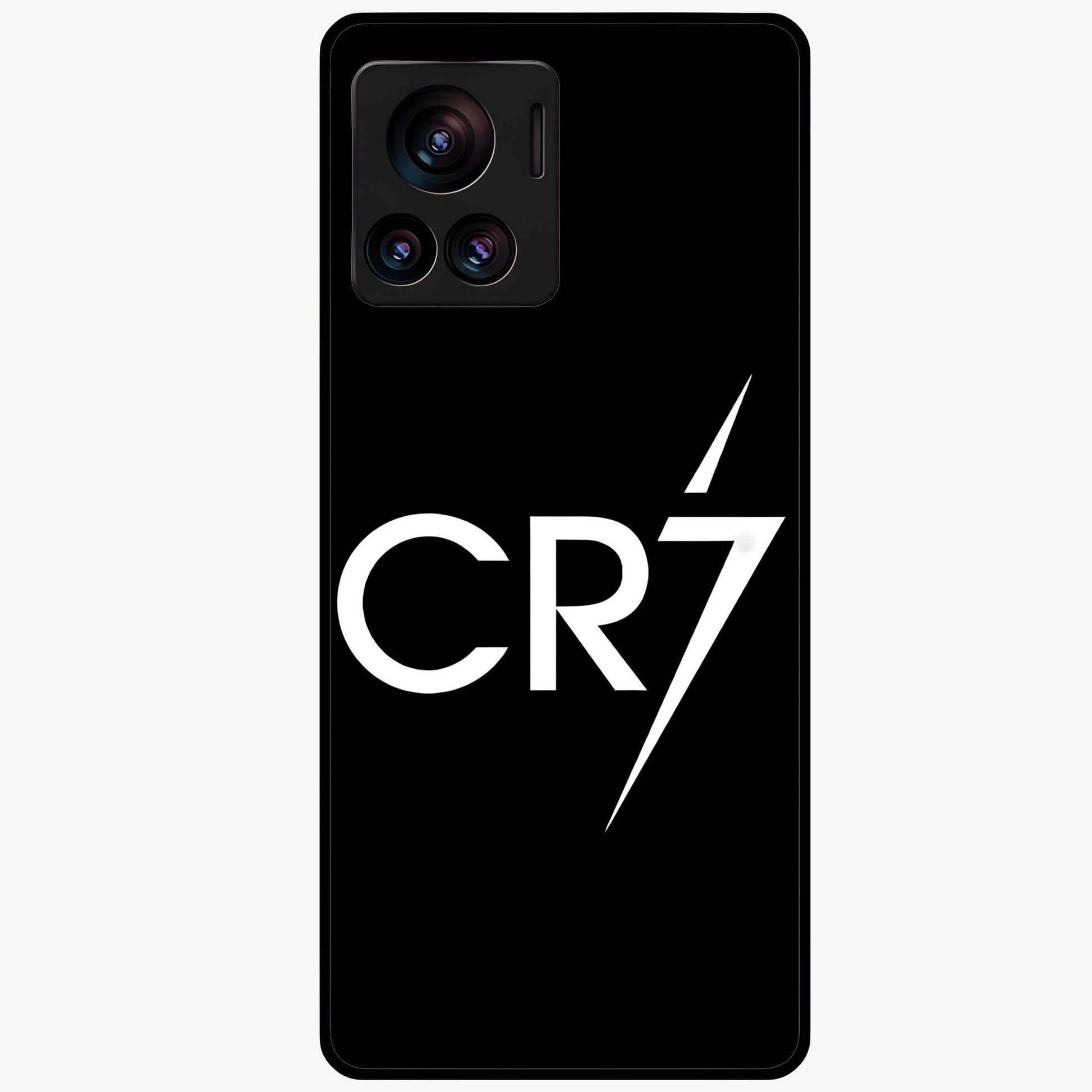 Cr7 Elite Strike Glass Case showing flat back view with dynamic football inspired artwork and glossy glass finish.