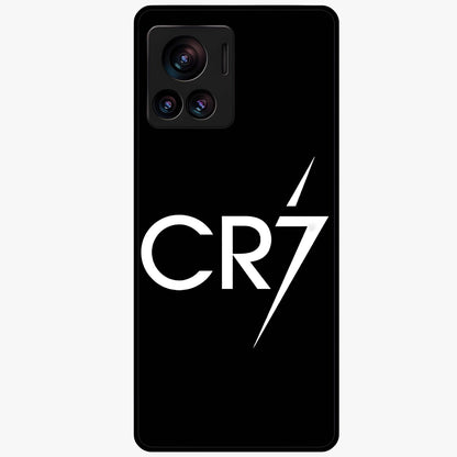 Cr7 Elite Strike Glass Case showing flat back view with dynamic football inspired artwork and glossy glass finish.