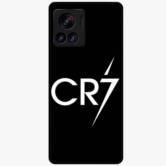 Cr7 Elite Strike Glass Case showing flat back view with dynamic football inspired artwork and glossy glass finish.