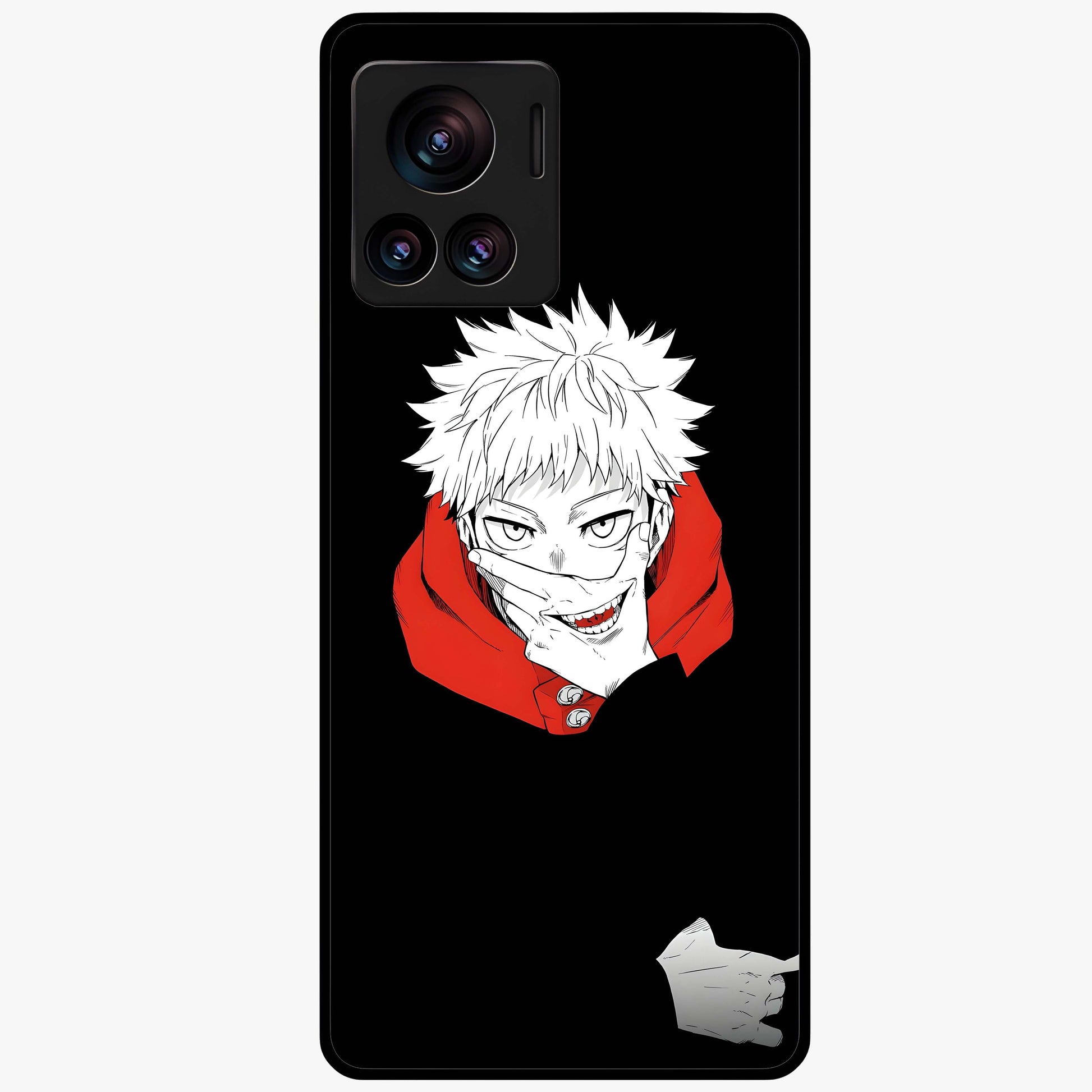 Crimson Chaos Smile Glass Case showing flat back view with bold chaotic smile artwork and glossy glass finish.