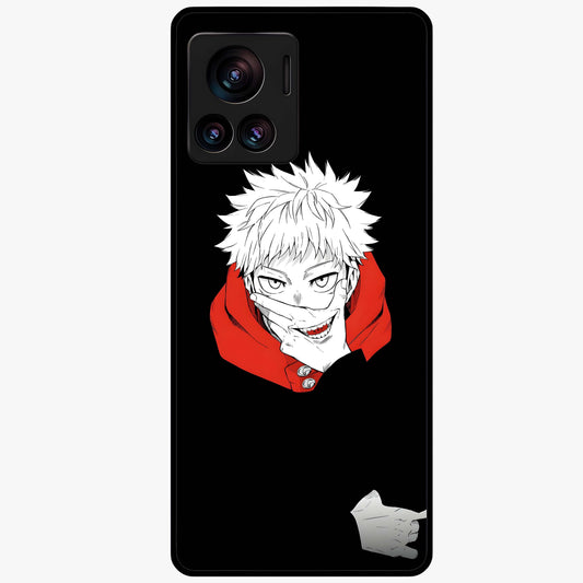 Crimson Chaos Smile Glass Case showing flat back view with bold chaotic smile artwork and glossy glass finish.