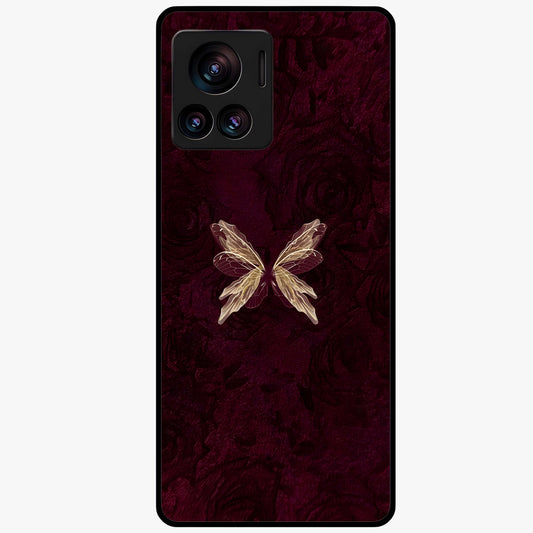 Crimson Fade Butterfly Glass Case showing flat back view with fading butterfly artwork and glossy glass finish.