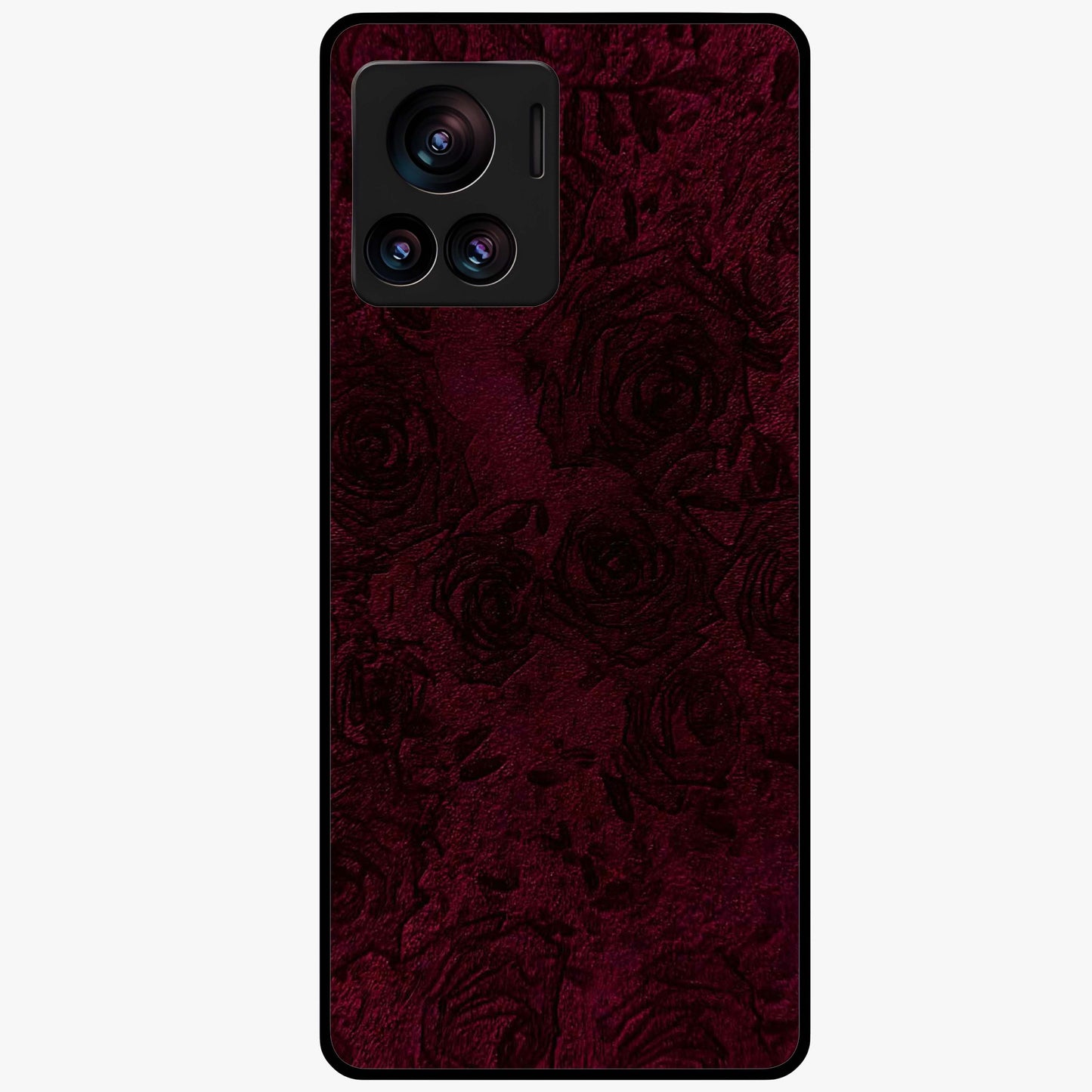 Crimson Fade Flow Glass Case showing flat back view with flowing crimson gradient artwork and glossy glass finish.
