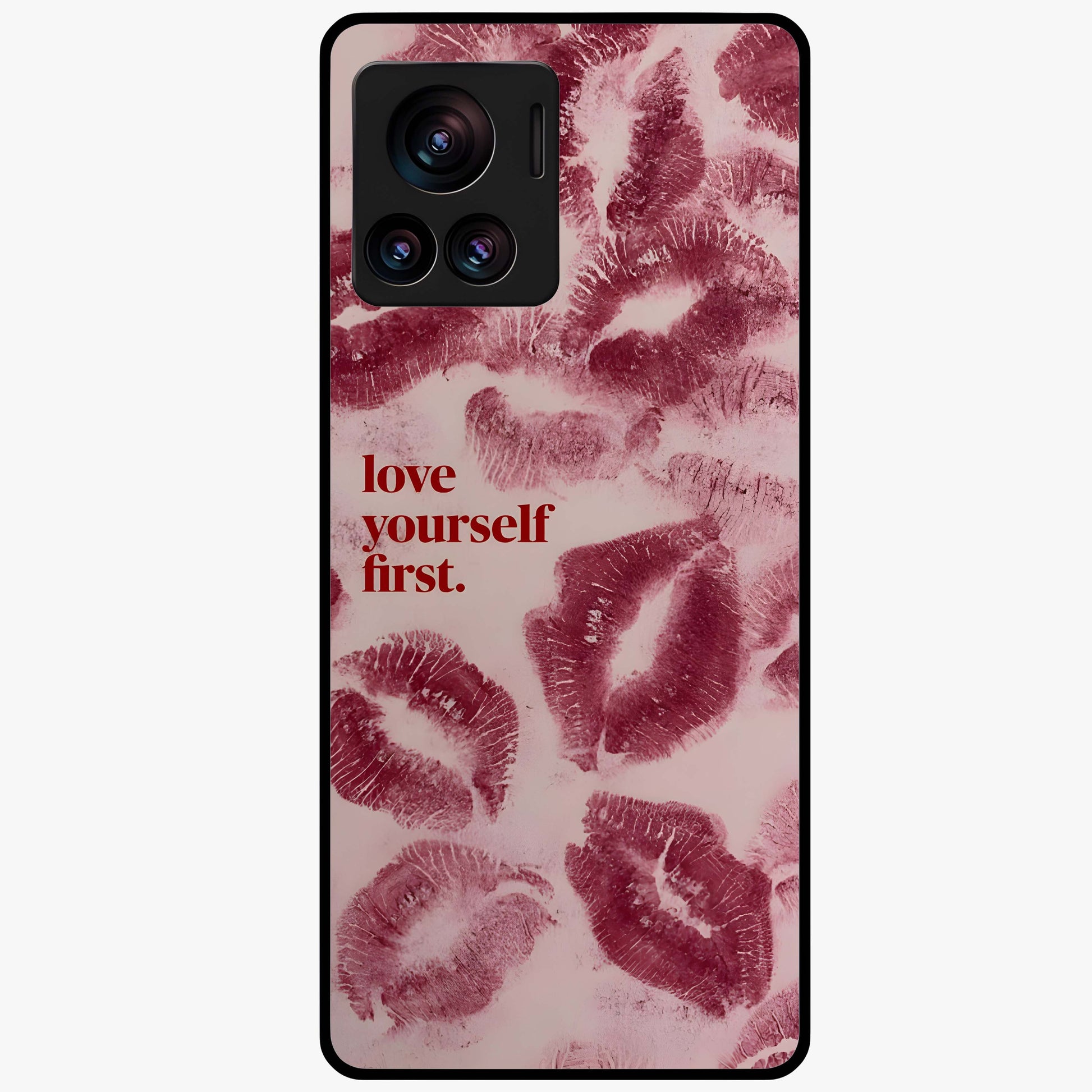 Crimson Kiss Love Glass Case showing flat back view with romantic crimson themed artwork and glossy glass finish.