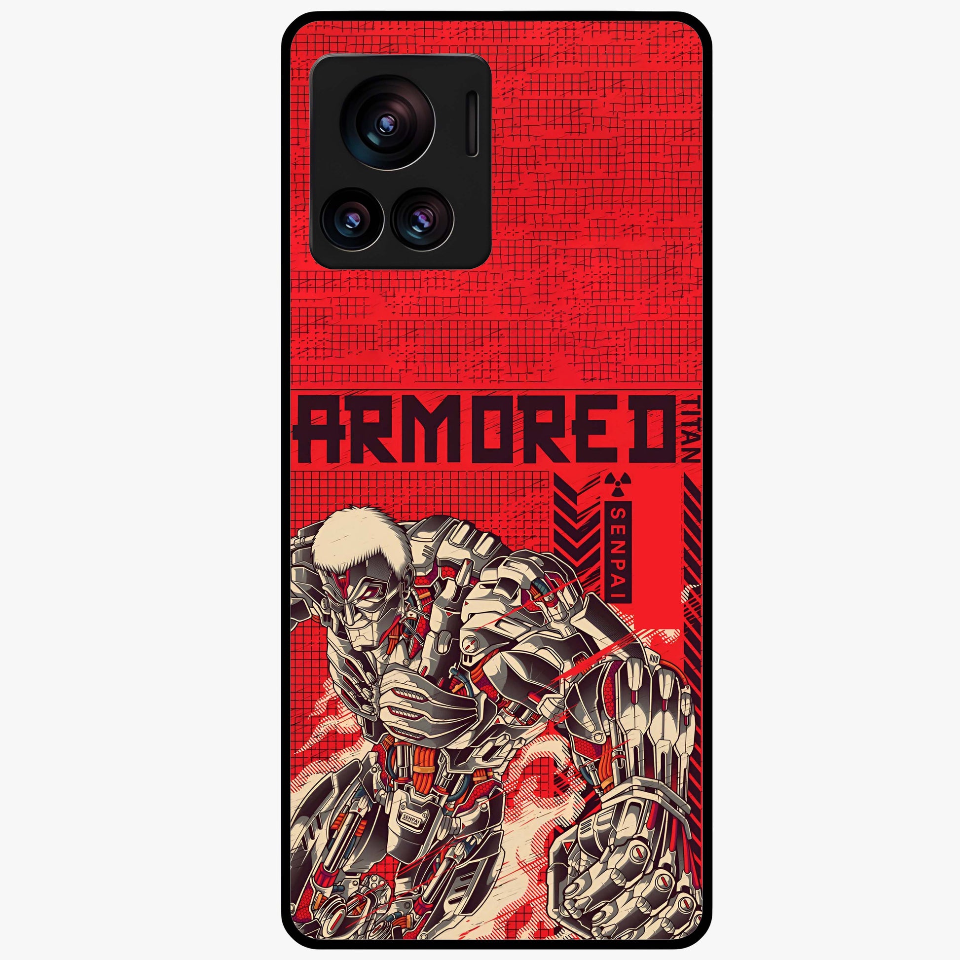 Crimson Mecha Titan Glass Case showing flat back view with powerful mech titan artwork and glossy glass finish.