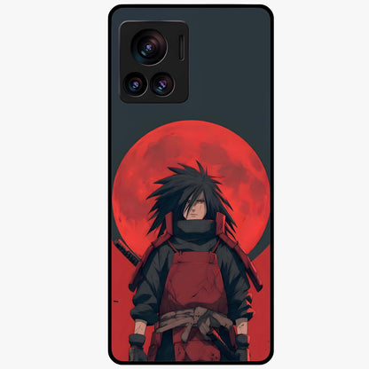 Crimson Moon Warlord Glass Case showing flat back view with mystical moon warrior artwork and glossy glass finish.