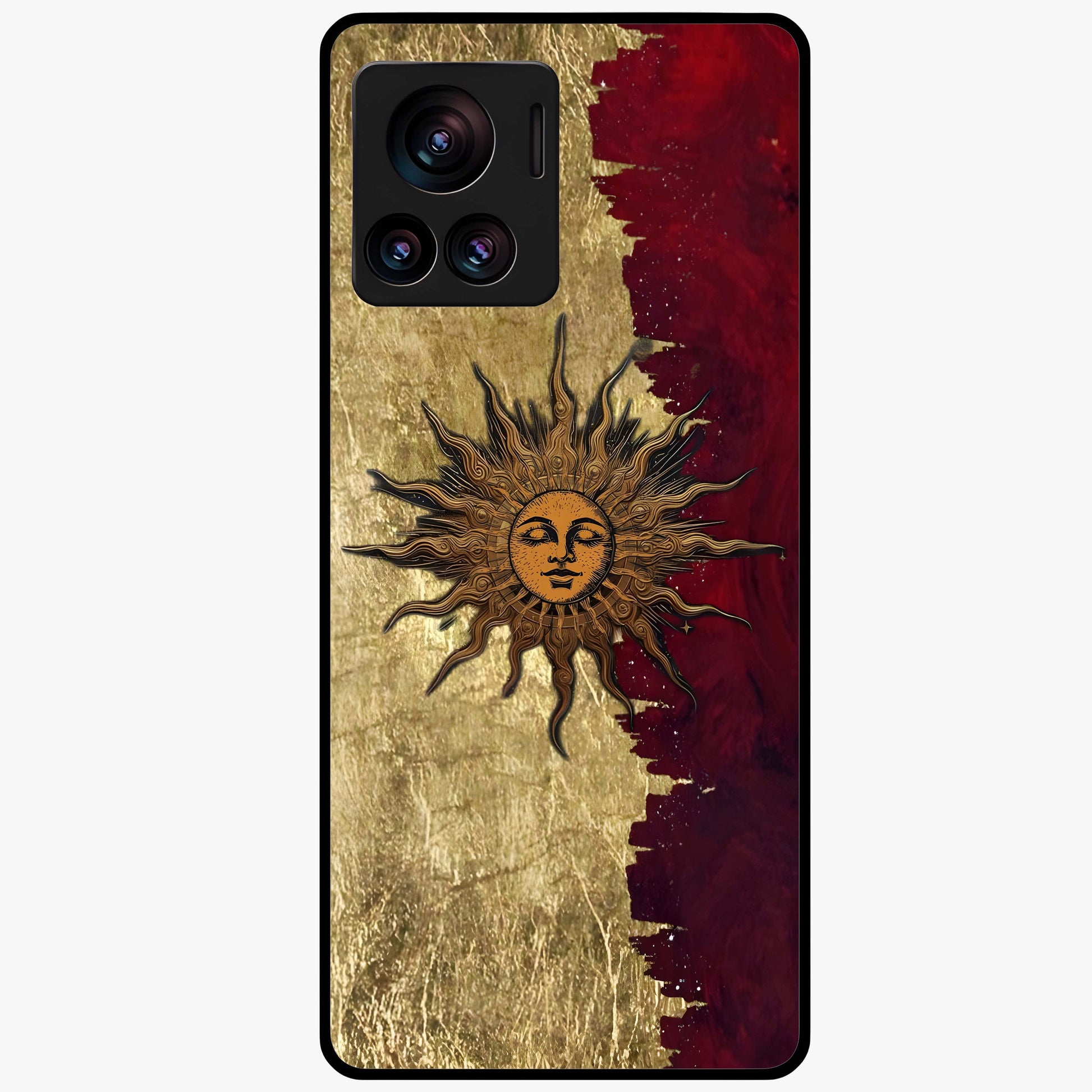 Crimson Sun Majesty Glass Case showing flat back view with radiant sun inspired artwork and glossy glass finish.