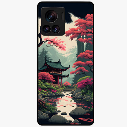 Crimson Temple View Glass Case showing flat back view with temple inspired artwork and glossy glass finish.