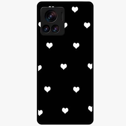 Cute And Simple White Hearts Glass Case showing flat back view with minimal white heart pattern and glossy glass finish.
