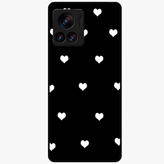 Cute And Simple White Hearts Glass Case showing flat back view with minimal white heart pattern and glossy glass finish.