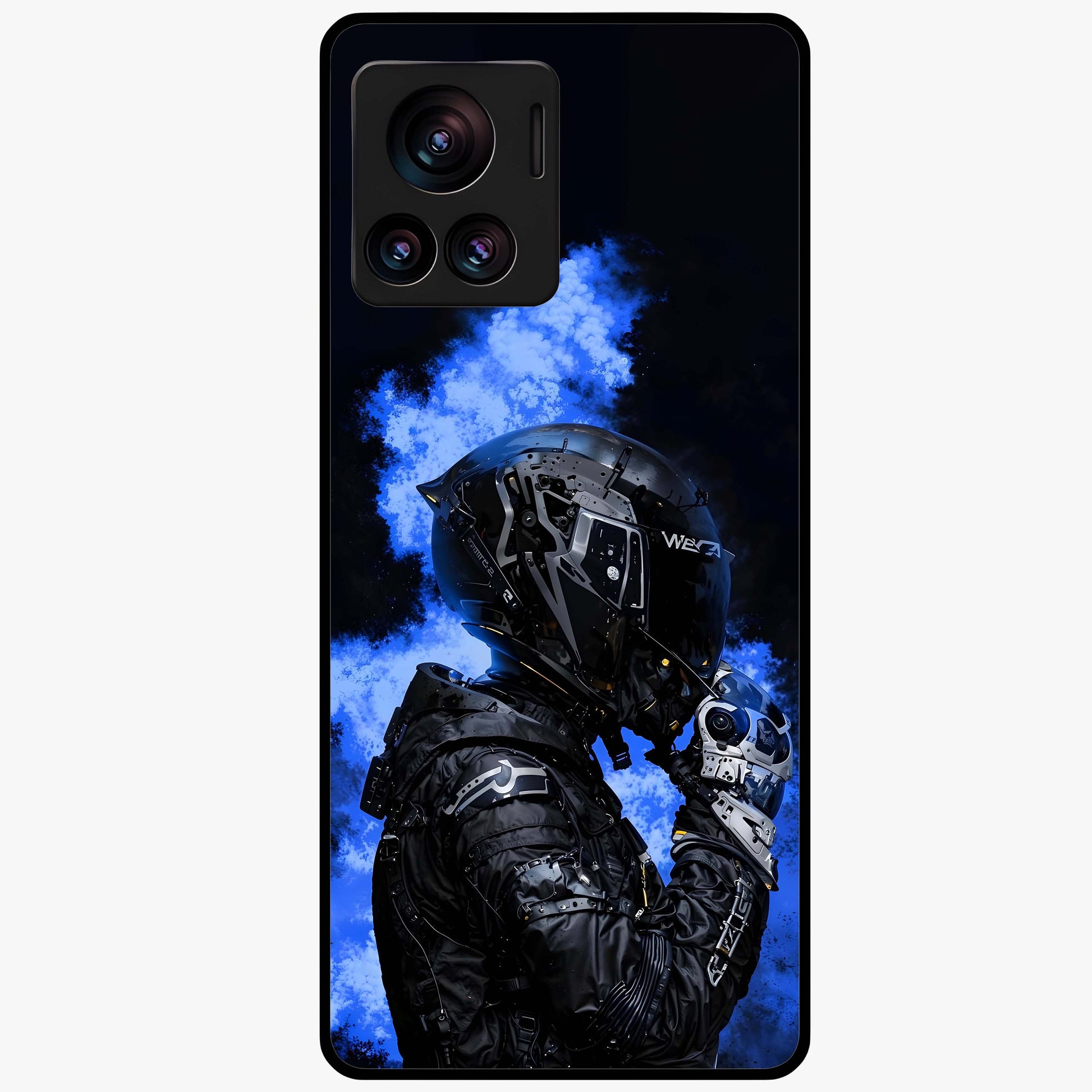 Cyber Sentinel Protocol Glass Case showing flat back view with futuristic cyber themed artwork and glossy glass finish.