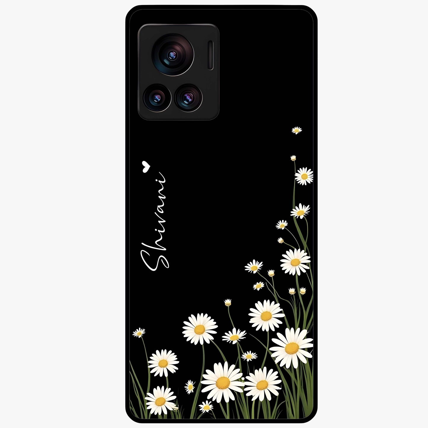 Daisy Cascade Custom Name Glass Case showing flat back view with cascading daisy flowers and personalized name design.