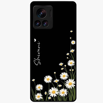 Daisy Cascade Custom Name Glass Case showing flat back view with cascading daisy flowers and personalized name design.