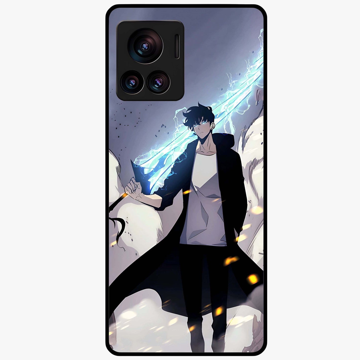 Dark Lightning Anime Warrior Glass Case showing flat back view with intense anime warrior artwork and glossy glass finish.