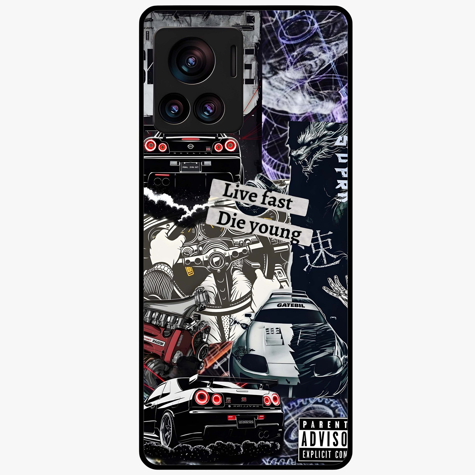 Die Young Glass Case showing flat back view with bold artistic typography design and glossy glass finish.
