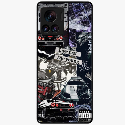 Die Young Glass Case showing flat back view with bold artistic typography design and glossy glass finish.