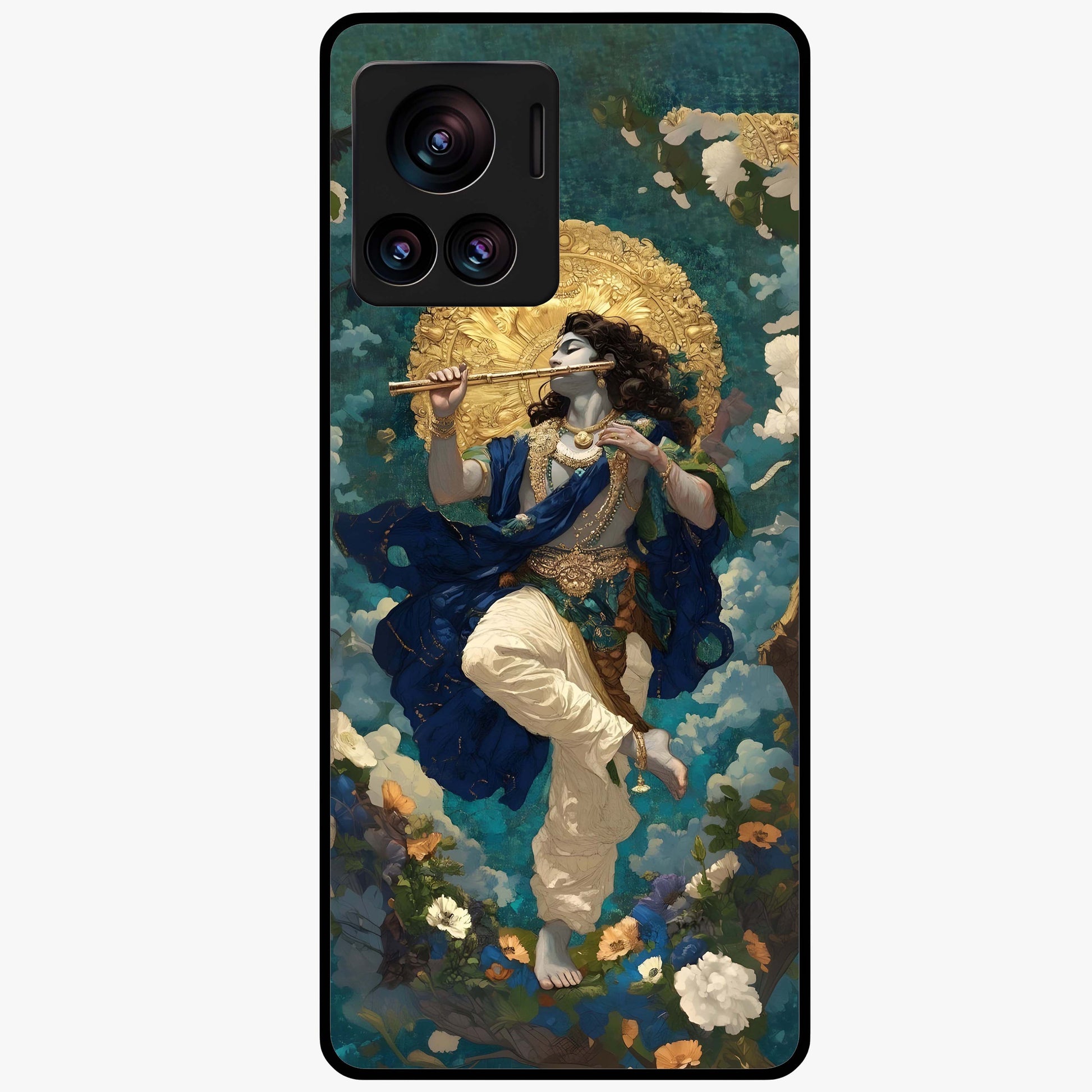 Divine Krishna Art Glass Case showing flat back view with Lord Krishna artwork and glossy glass finish.