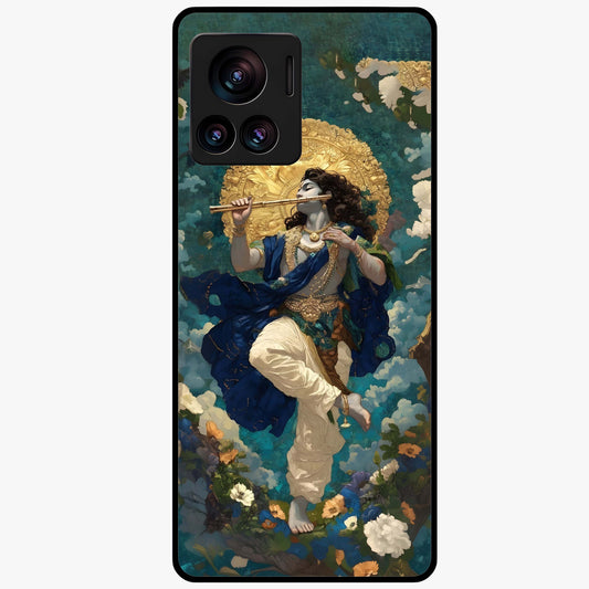 Divine Krishna Art Glass Case showing flat back view with Lord Krishna artwork and glossy glass finish.