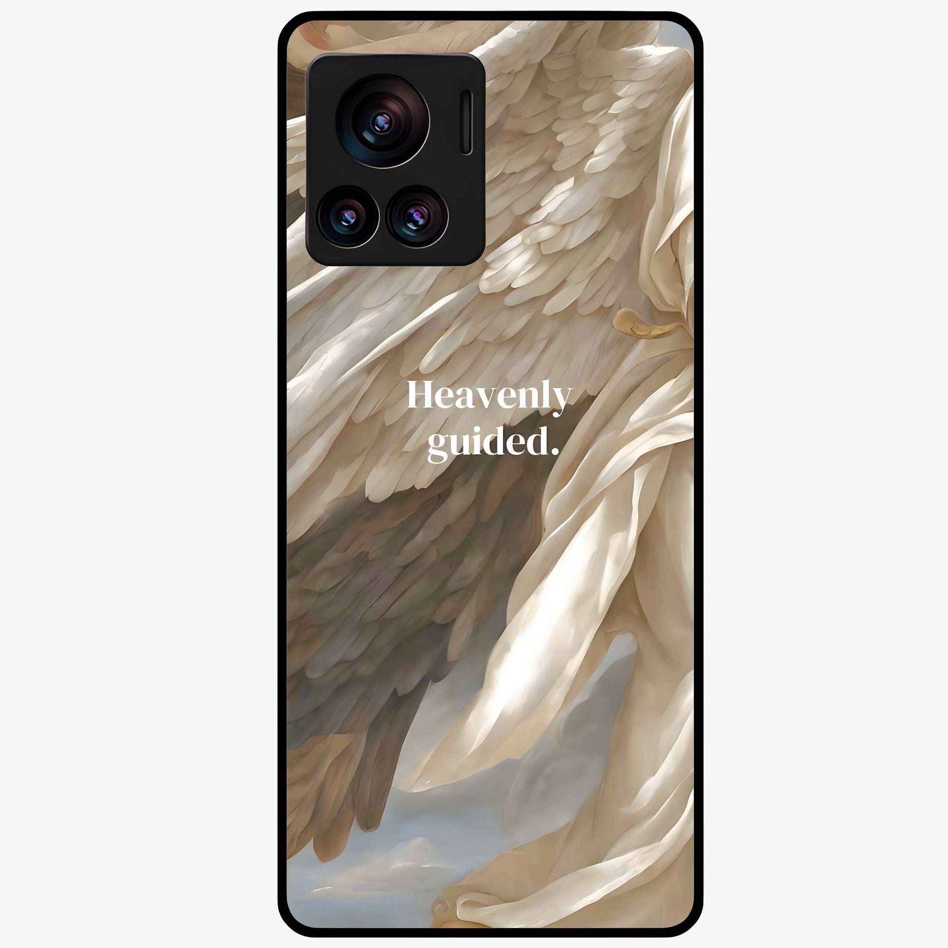 Divine Winged Grace Glass Case showing flat back view with elegant wing inspired artwork and glossy glass finish.