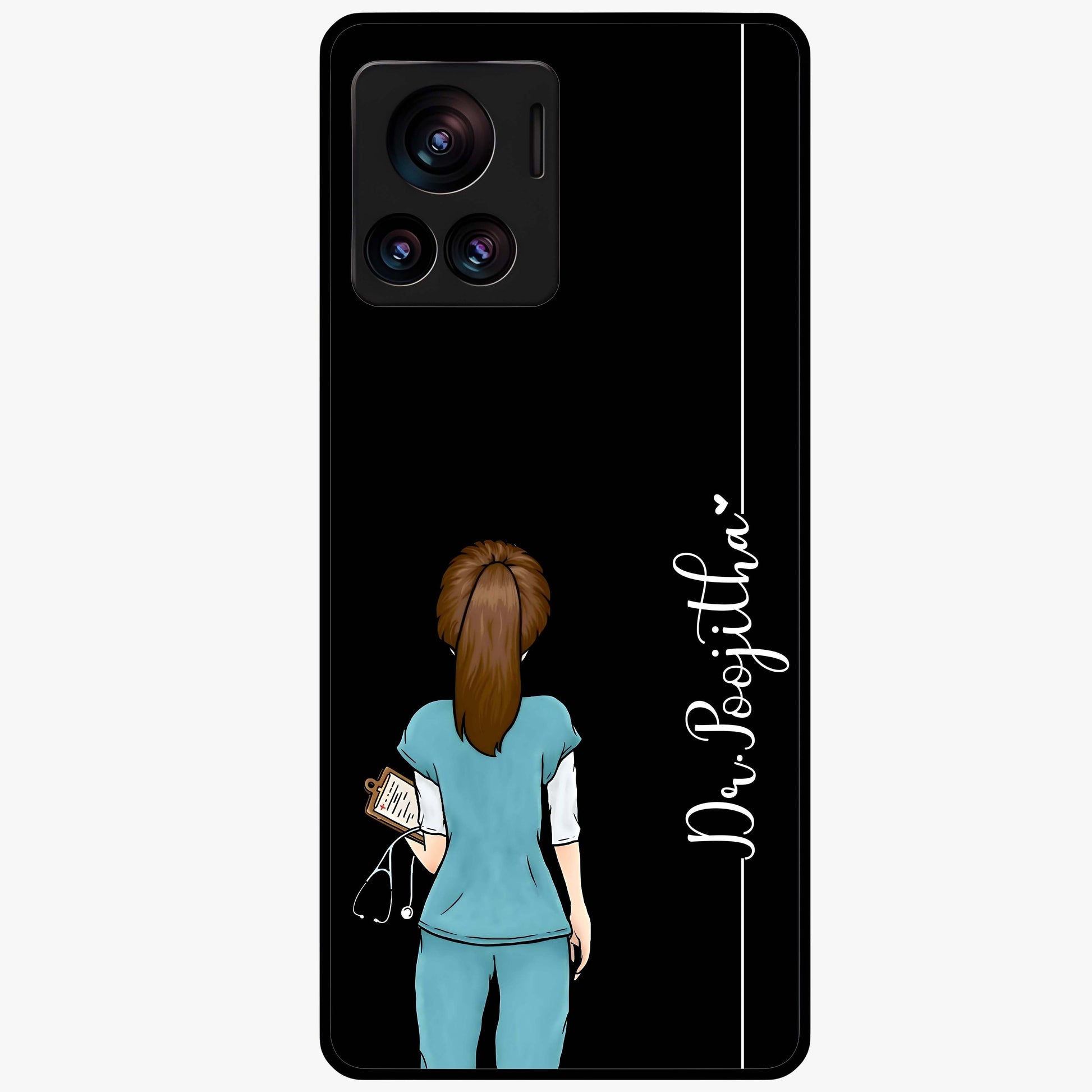 Doctor Pattern Custom Name Glass Case showing flat back view with medical themed pattern and personalized name design.
