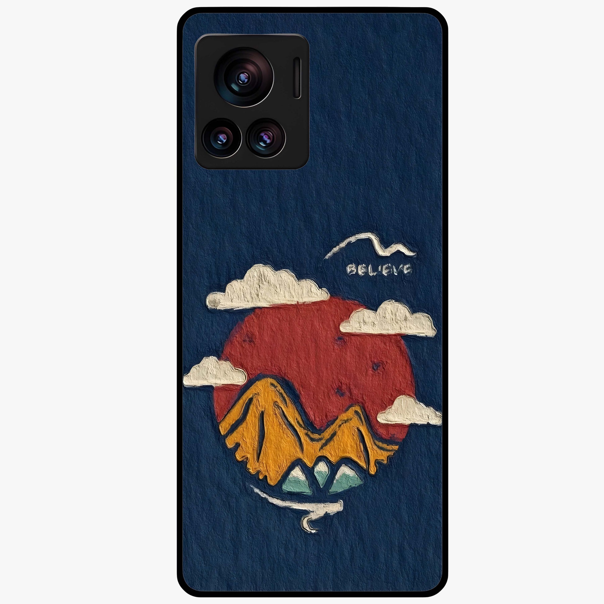 Dream Beyond Mountains Glass Case showing flat back view with scenic mountain landscape artwork and glossy glass finish.