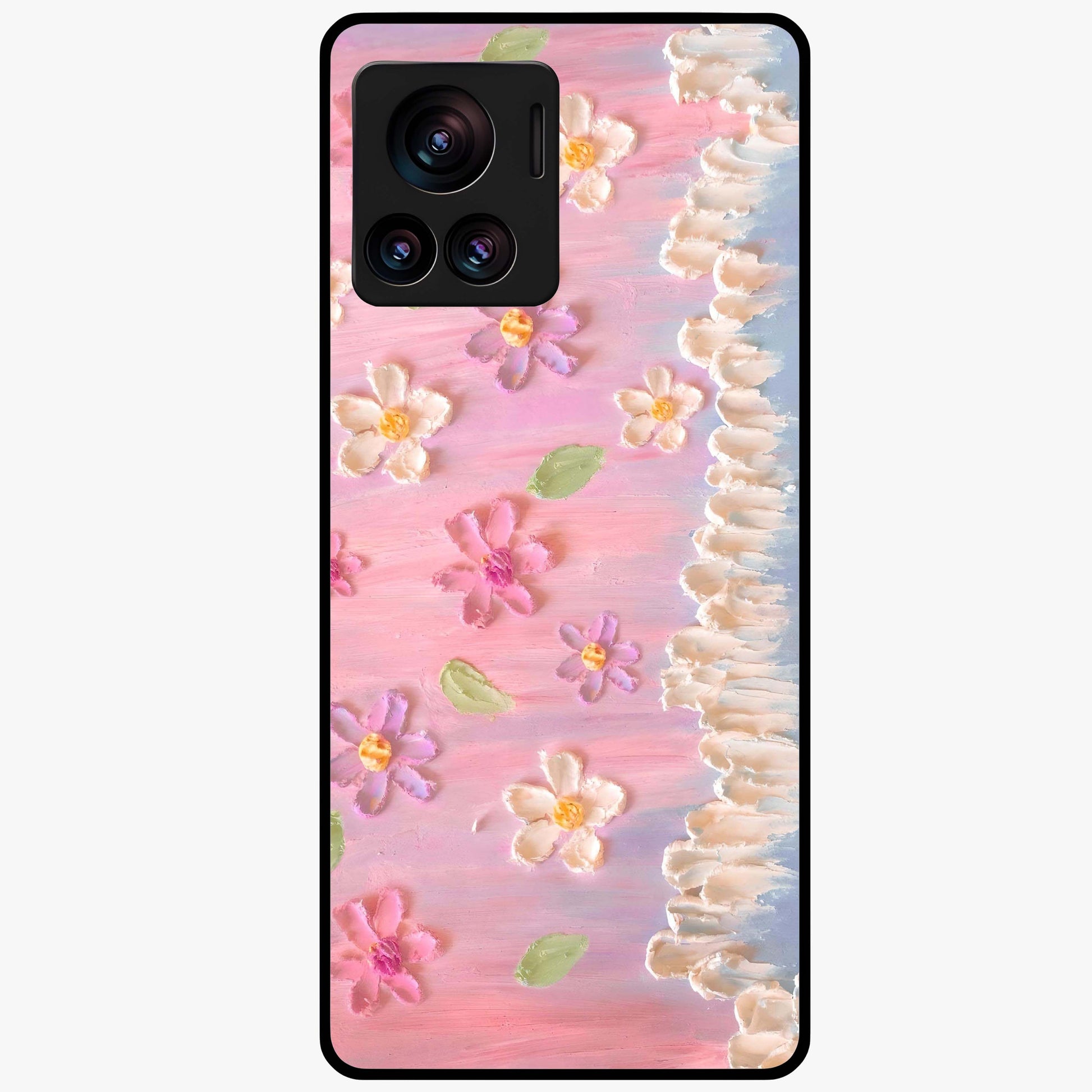 Dreamy Painted Garden Glass Case showing flat back view with artistic painted floral garden artwork and glossy glass finish.