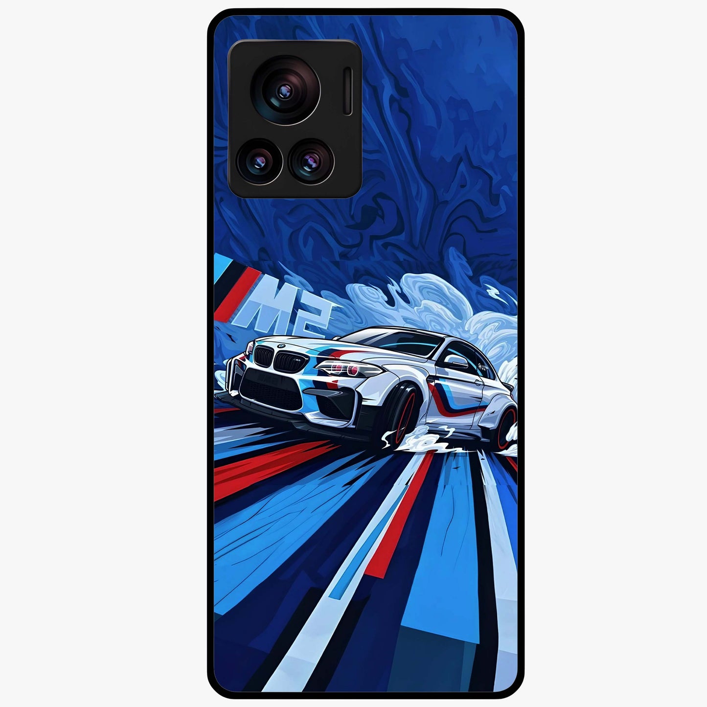 Drift Power Rush Glass Case showing flat back view with dynamic racing inspired artwork and glossy glass finish.