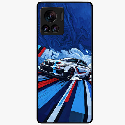 Drift Power Rush Glass Case showing flat back view with dynamic racing inspired artwork and glossy glass finish.