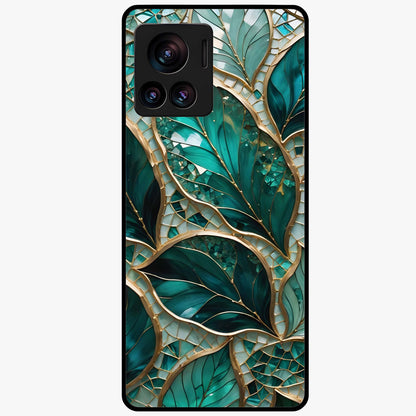 Emerald Leaf Glass Glass Case showing flat back view with emerald green leaf artwork and glossy glass finish.