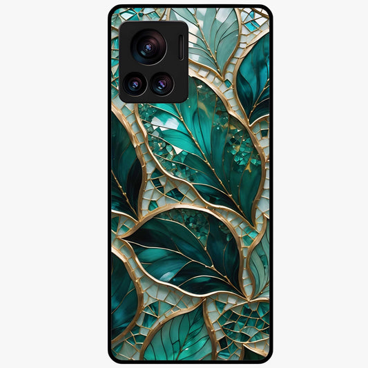 Emerald Leaf Glass Glass Case showing flat back view with emerald green leaf artwork and glossy glass finish.