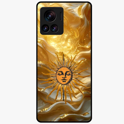 Eternal Golden Glow Glass Case showing flat back view with radiant golden themed artwork and glossy glass finish.