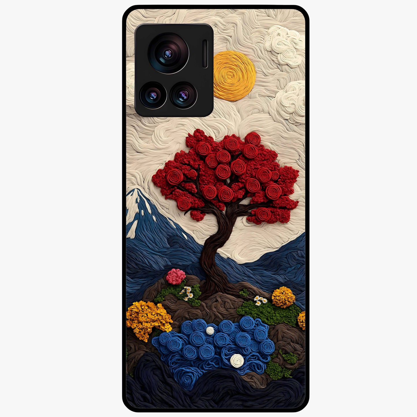 Eternal Nature Tapestry Glass Case showing flat back view with intricate nature tapestry artwork and glossy glass finish.