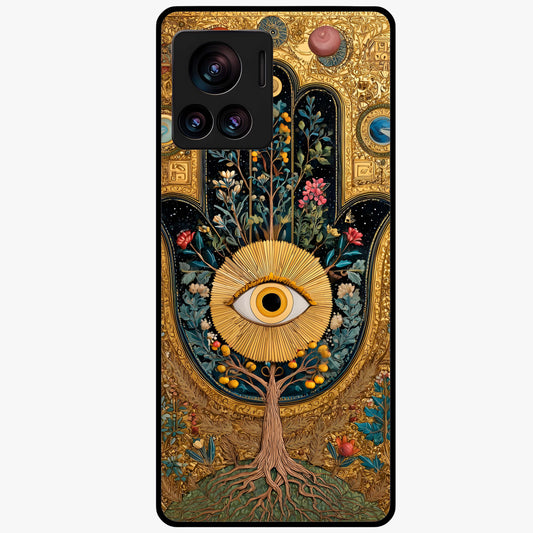 Ethereal Evil Eye Glass Case showing flat back view with mystical evil eye artwork and glossy glass finish.